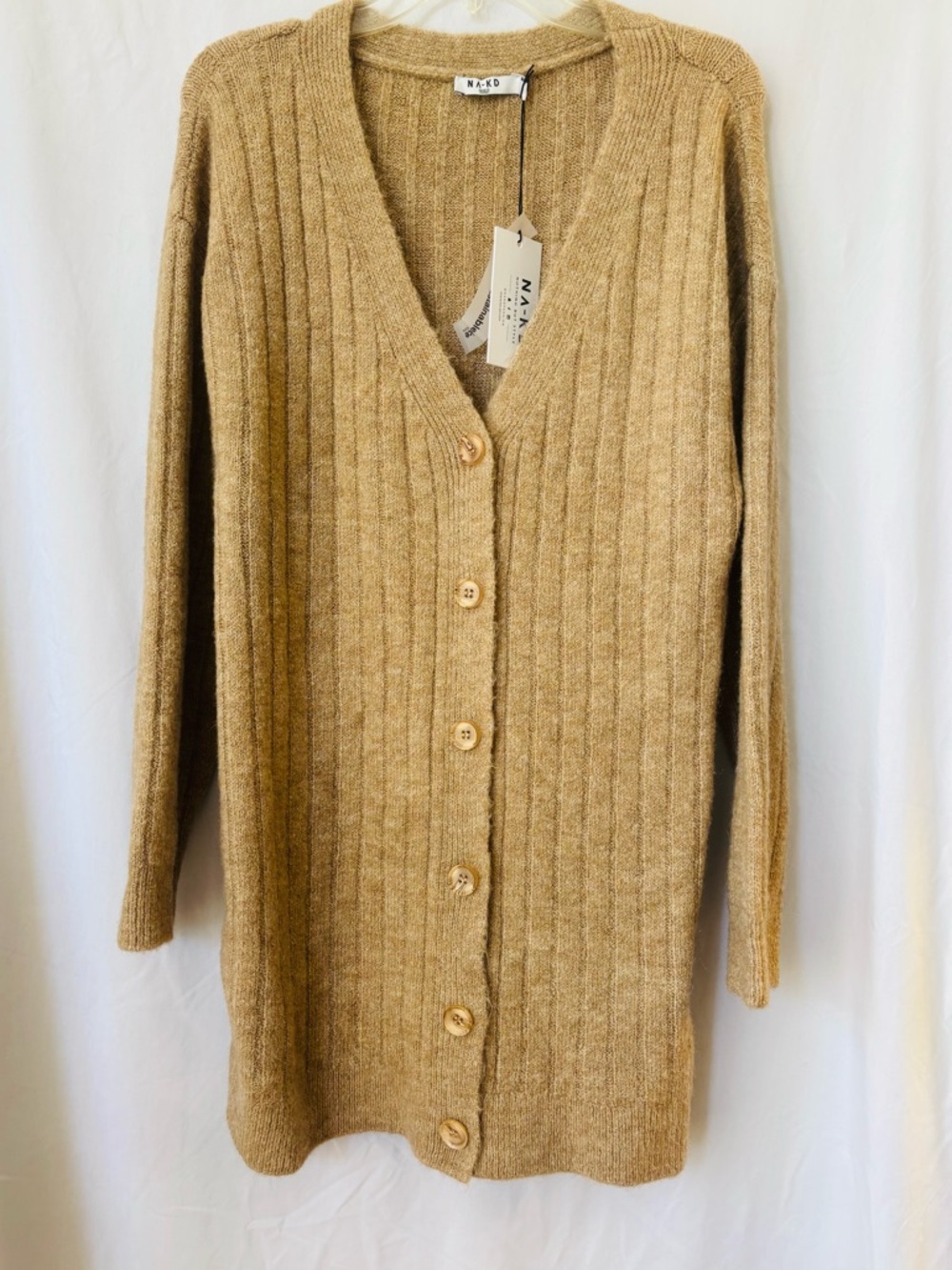 NA-KD NWT Ribbed V Neck Button Cardigan Camel Beige Size S